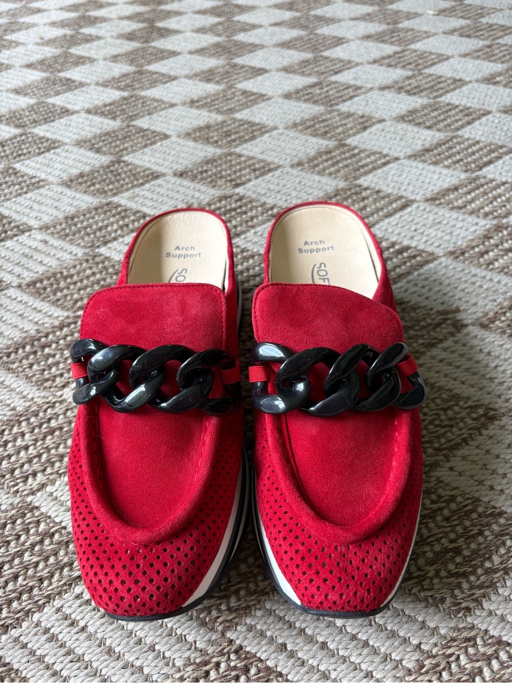 SoftWaves Red Slip-On Mules with Black Chain Accent